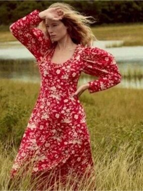 Doen Red Floral Puff-Sleeve Midi Dress